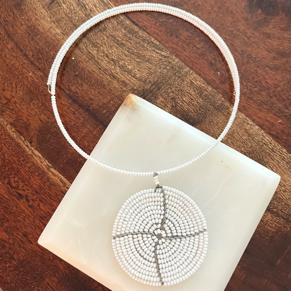 African White Hand Beaded Choker Necklace